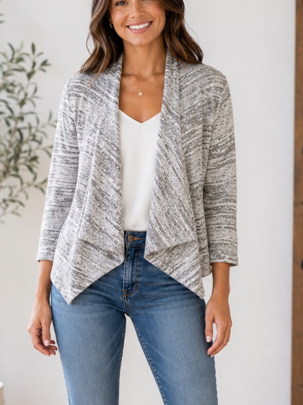 Hearts of Palm Women’s Large Gray Metallic Marled Knit Waterfall Cardigan - Picture 1 of 12